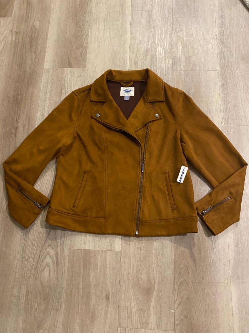 Old Navy Faux Suede Moto Jacket Large Brown Cognac NWT Biker Fall